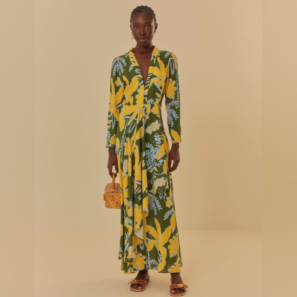 Farm Rio Foliage Sketch Long Sleeve Dress size S NWOT
